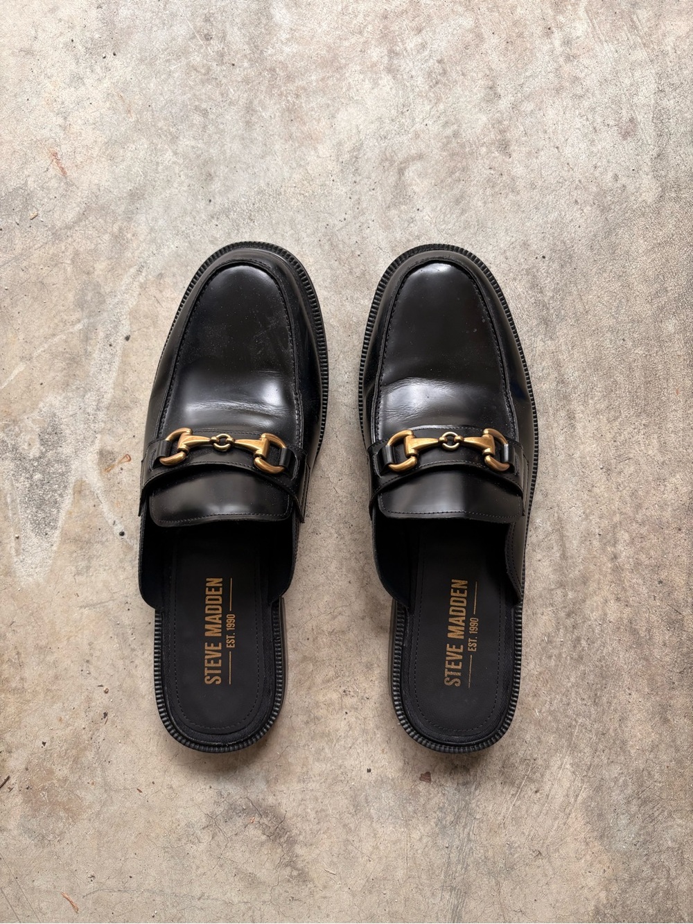 Steve Madden Black Leather Slip-On Horsebit Mules with Gold Hardware